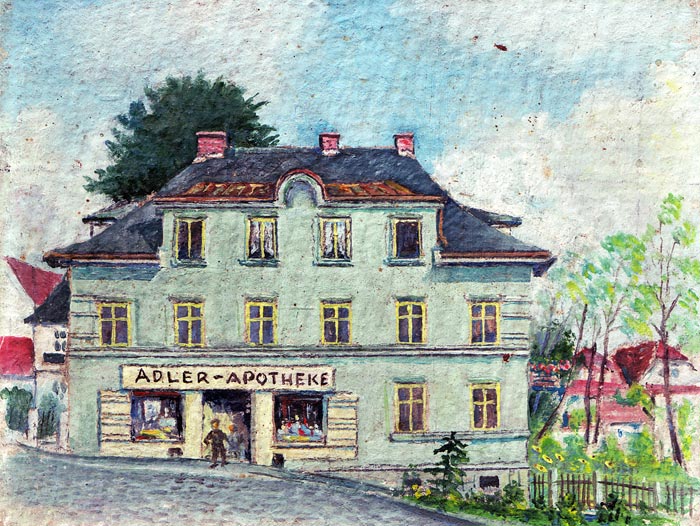 Stammhaus der Familie und des Ro&szlig;bacher Balsams: Die Adler-Apotheke in Ro&szlig;bach (Sudetenland)